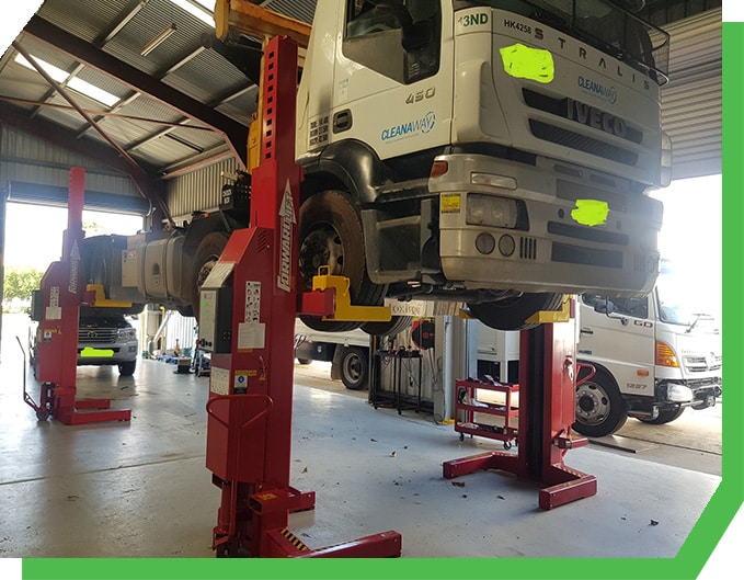 truck raised in Mackay car mechanic workshop